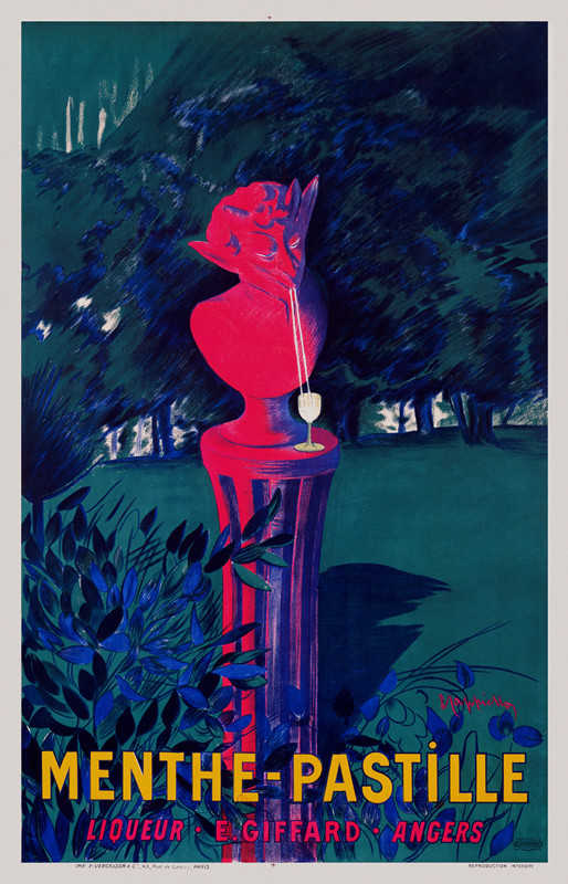 Statue of Pan on pedestal in woods sips a drink from two straws;red, blue, green