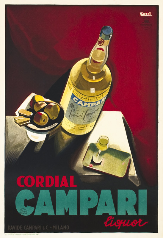 Cubistic still life of bottle, fruit and glass on table