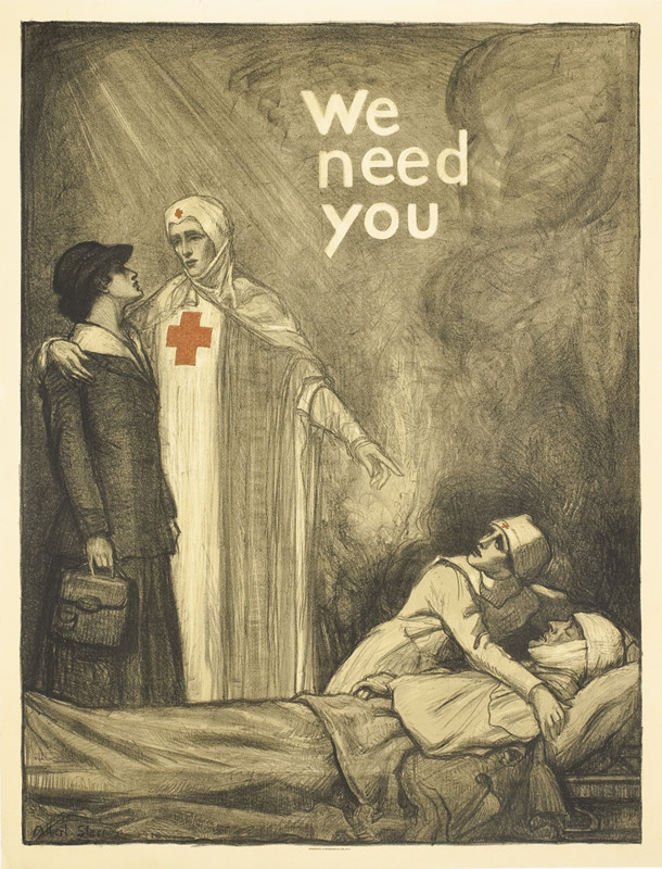 Nurse points out wounded man to woman, another nurse tends him; black, white, red