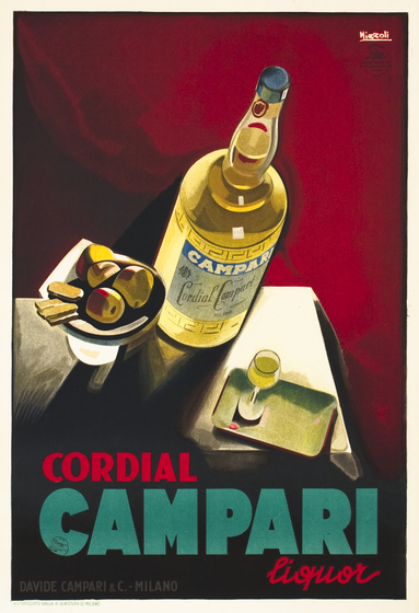 Cordial Campari bottle, tray, glass, fruit; burgundy, green