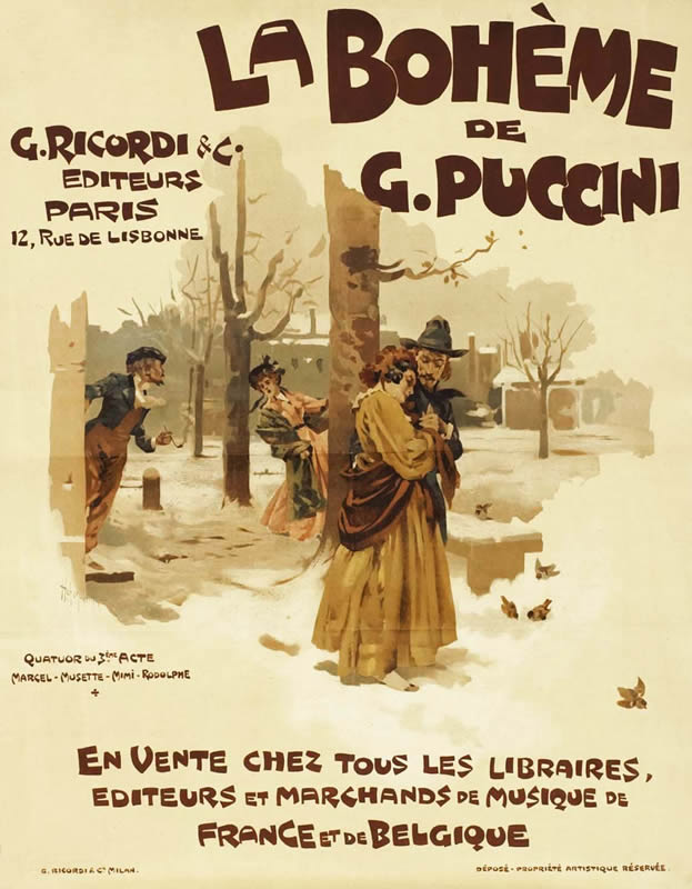 Rodolphe and Mimi embrace in park watched by Marcel and Musette; brown, blue