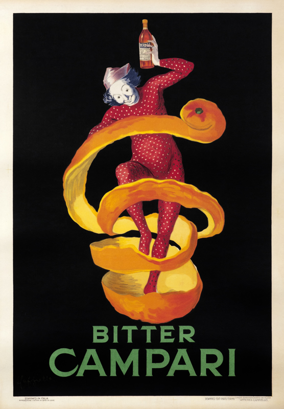 Jester emerges from orange peel hoisting bottle aloft; red, black, orange, green