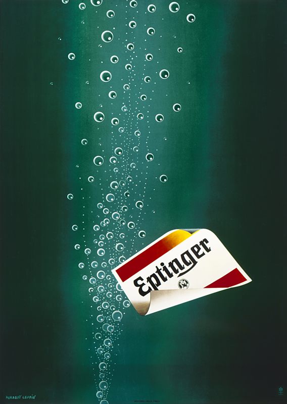 Bubbles and Eptinger label rise from water; green, white, red, yellow