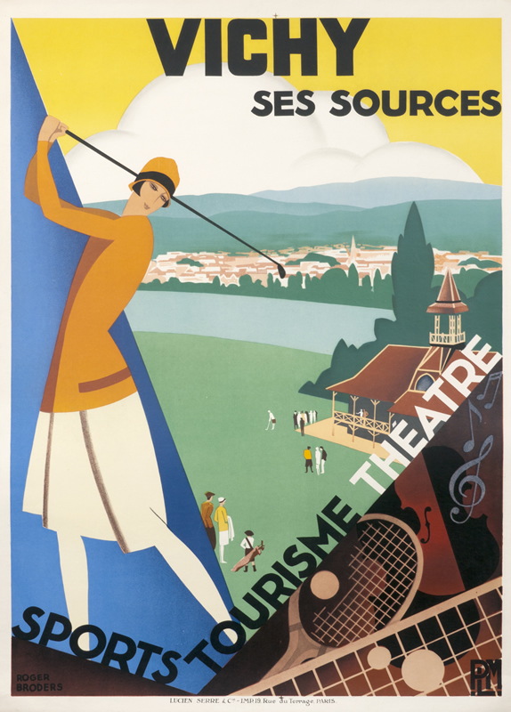 Woman golfs in foreground, with river scene and country club behind; yellow, blue, green