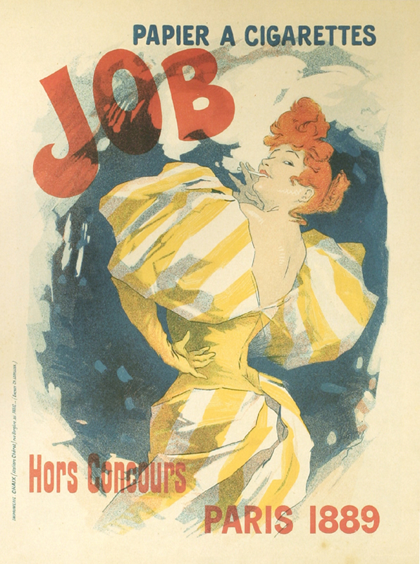 Redhead woman playfully smoking a cigarette; red, blue, yellow