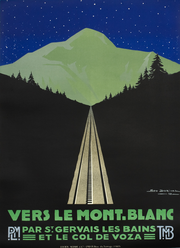 View of mountain and railroad below stars; blue, green, black