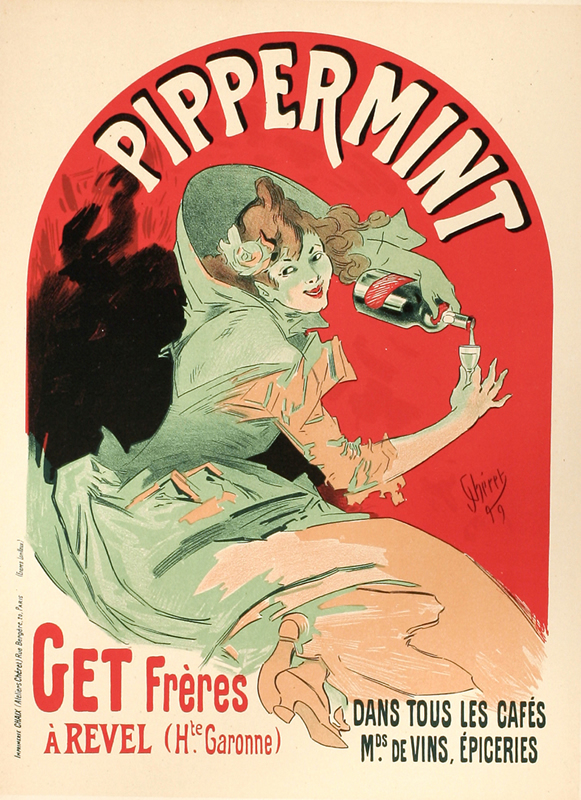 Woman pours from bottle into little glass; red, turquoise, black