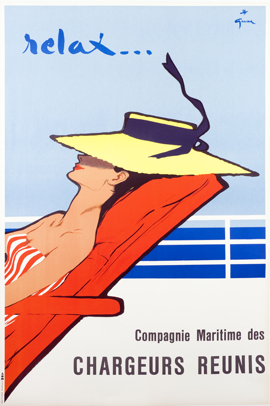 Woman in hat relaxes on ship deck; red, yellow, blue, beige