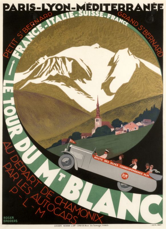 Motorbus approaches Mt. Blanc via abstract spiral; gold, green, red