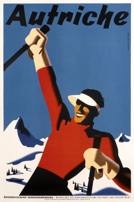 Skier waves pole against mountain backdrop; red, blue, white