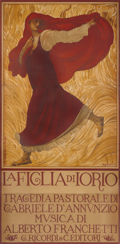 Woman under a shawl hastens through wheat field; red, yellow, gold