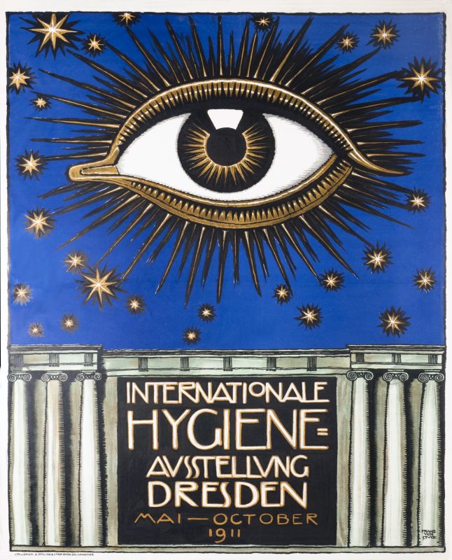Large eye, starry night, columned building; blue, gold, gray