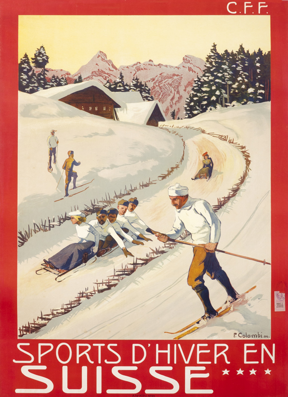 Men skiing and sledders; red, white, brown
