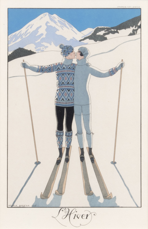 Couple kissing whileskiing on mountain; blue, white