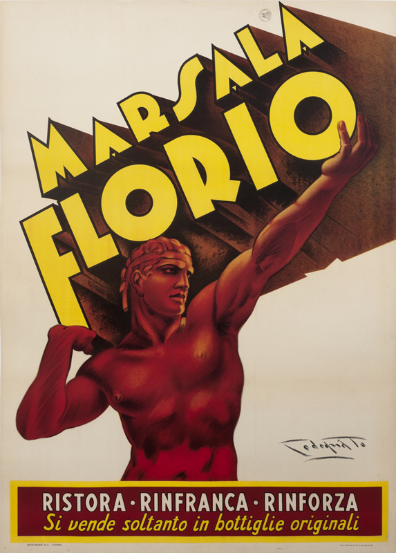 Strong naked man lifts letters that spell Marsala Florio; red, yellow