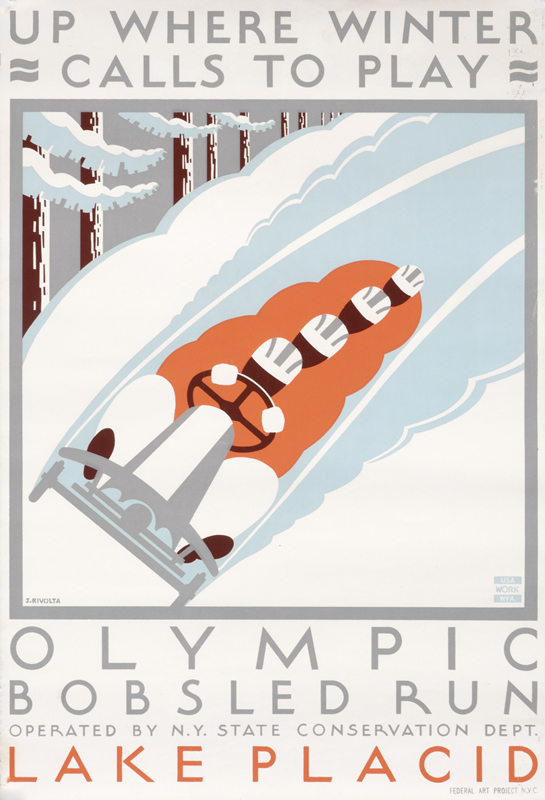 Four men race on bobsled; red, white, gray
