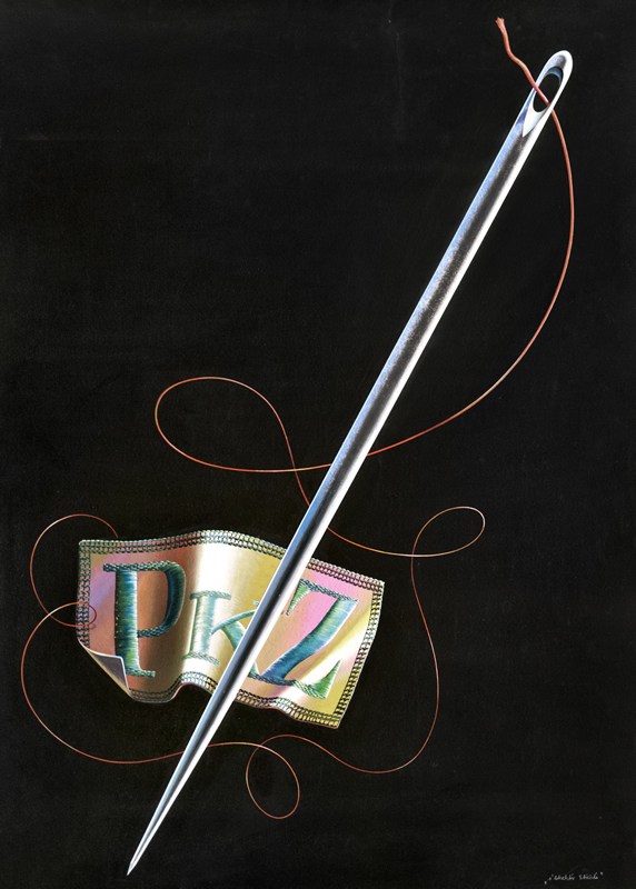 Needle and thread sewing on label; black, green, red