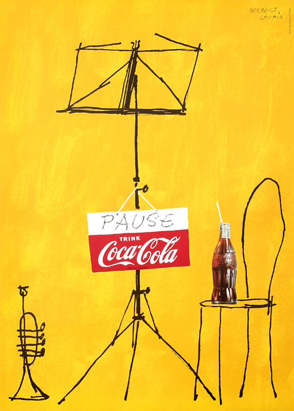 Sketched music stand with trumpet and Coke bottle; yellow, black, red, white