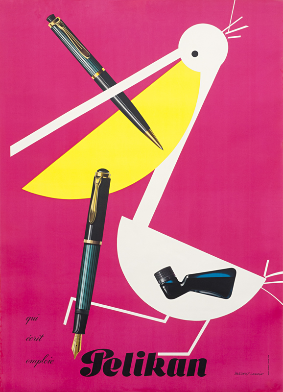 Pelican with pen in its beak and talon; pink, yellow, black