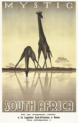 Giraffes drink from watering hole at dusk; grey, yellow, white