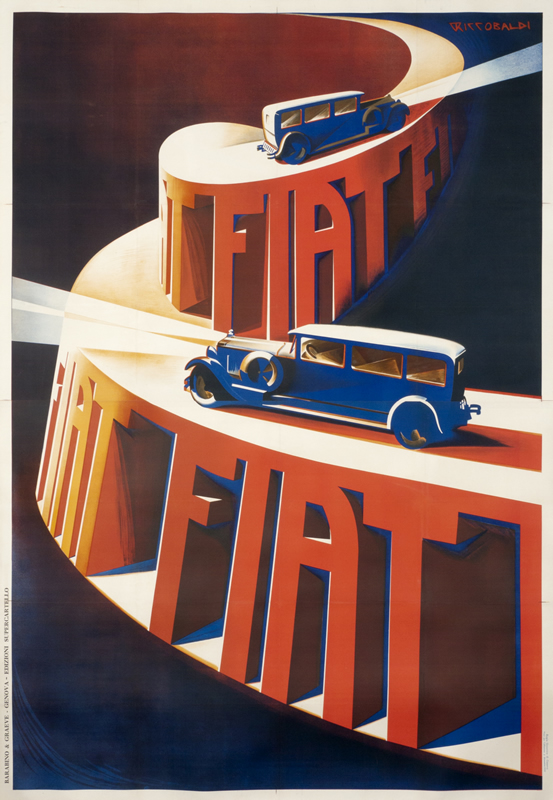 Cars race up spiraling road that spells "fiat"; red, blue, black