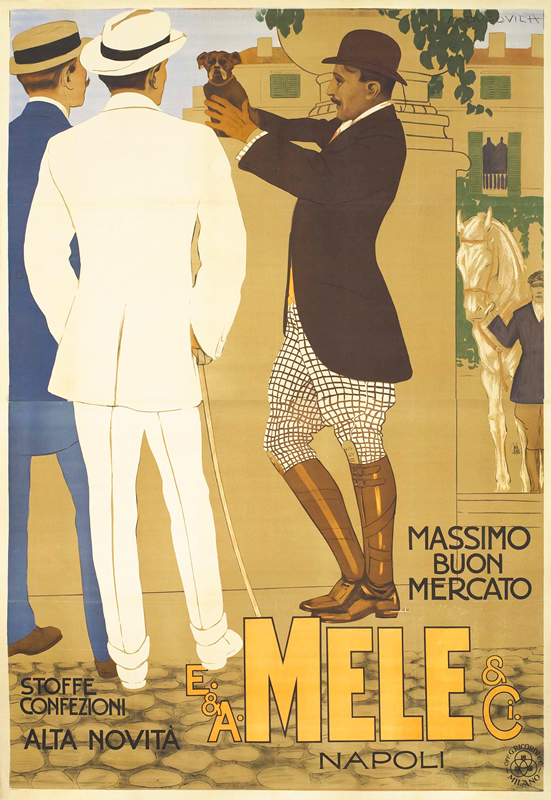 Three sportsmen admire dog near stable; brown, white, blue, green