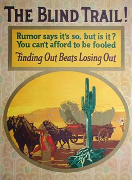 Wagon train in the desert; yellow, tan, green