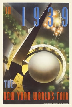 Bird's eye view of Trylon and Perisphere against fireworks; red, white, blue