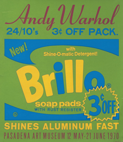 Likeness of Brillo pad ad with "Andy Warhol" in substantial text ; green, blue, pink, yellow