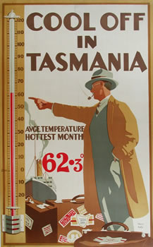 Gentleman in overcoat points to Thermometer; brown, blue, red