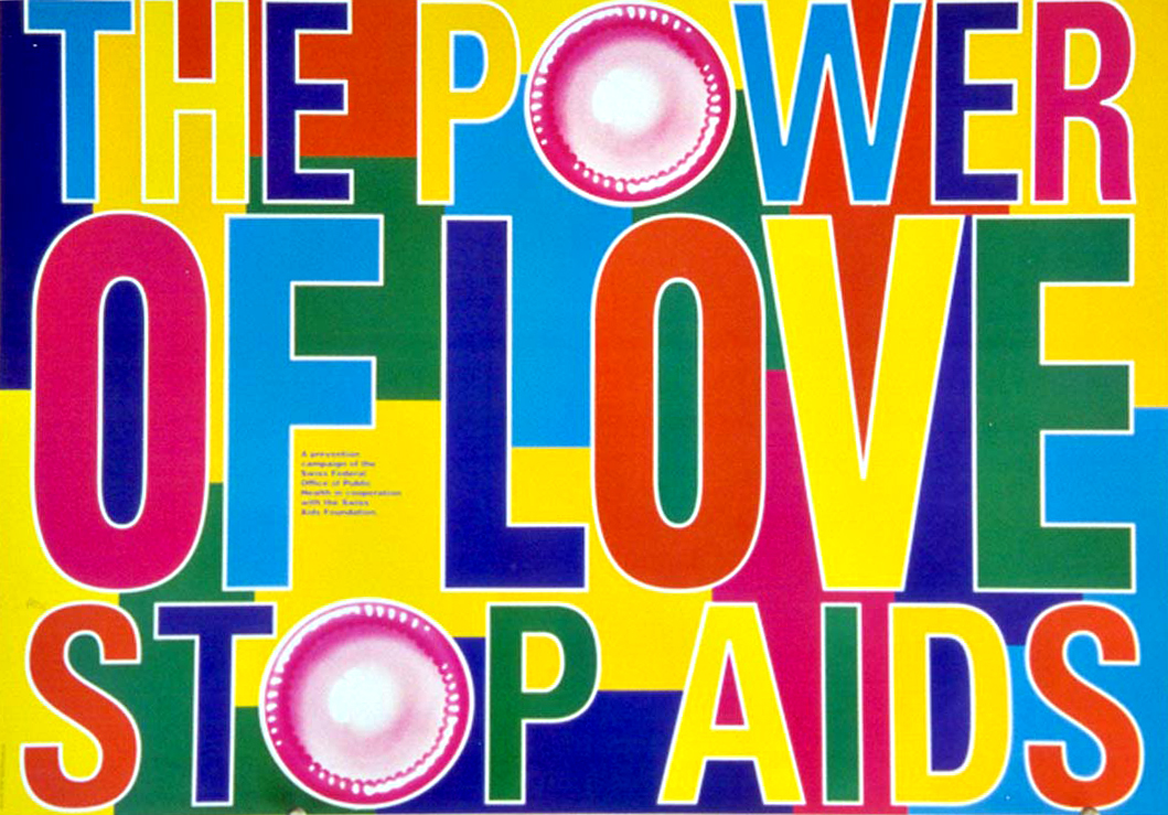 Psychedelic colored poster with condoms as 'O's; blue, red, yellow, green