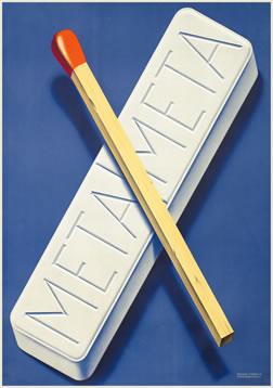 Briquette of fuel with match in close-up; red, blue, white, yellow