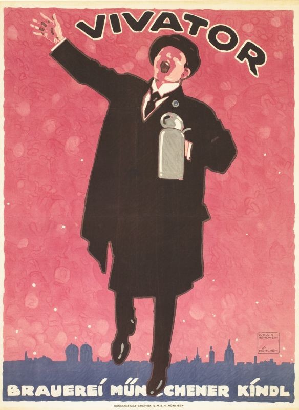 Man in top hat and tuxedo sings, swinging beer stein, cityscape behind; pink, black, purple