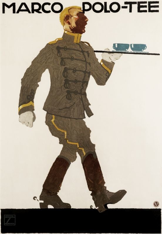 Waiter in coat serves tea from tray; beige, gold, brown, black, blue