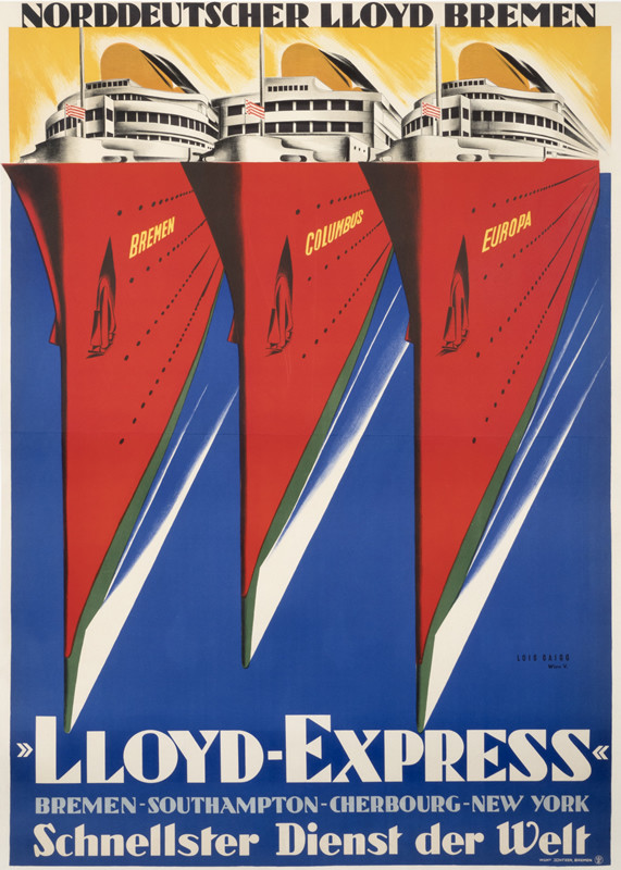 Three North German Lloyd ocean liners; red, blue, yellow