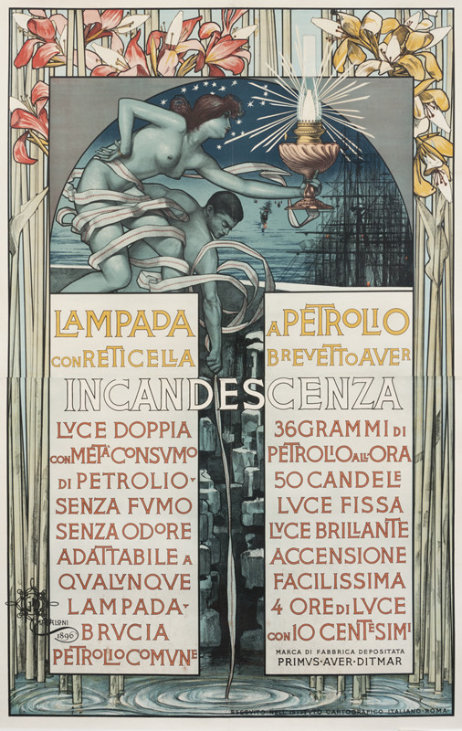 Woman holding lamp that lights up waterfront, text in foreground; blue, yellow, white, red