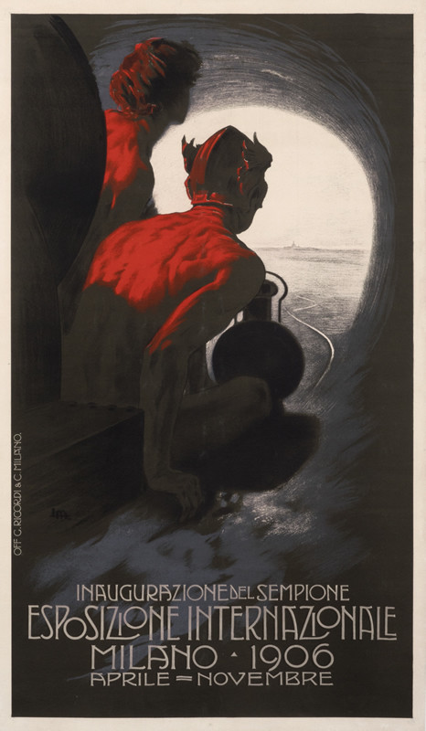 Mercury rides train through Simplon Tunnel heading towards Milan Cathedral in distance; red, black