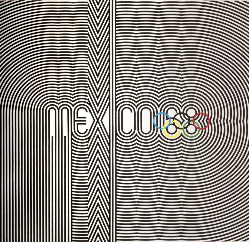 Linear pattern following outlines of letters in "Mexico", Olympic rings; black, white