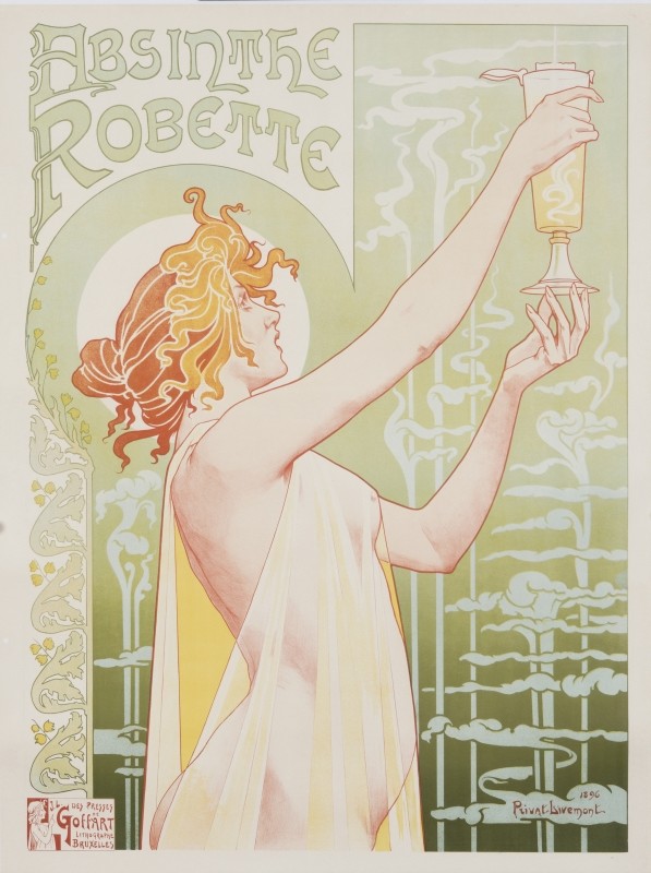 Young woman in diaphanous robe inspects glass of absinthe
