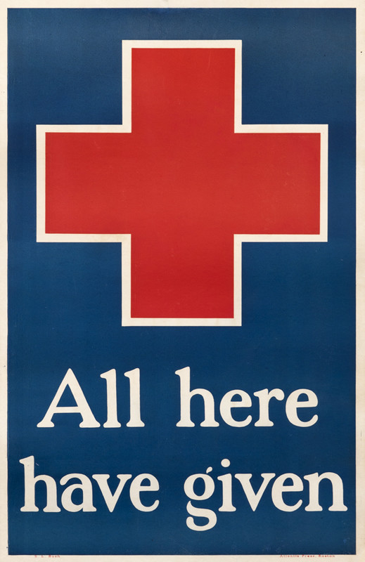 Red Cross, text; blue, red, white