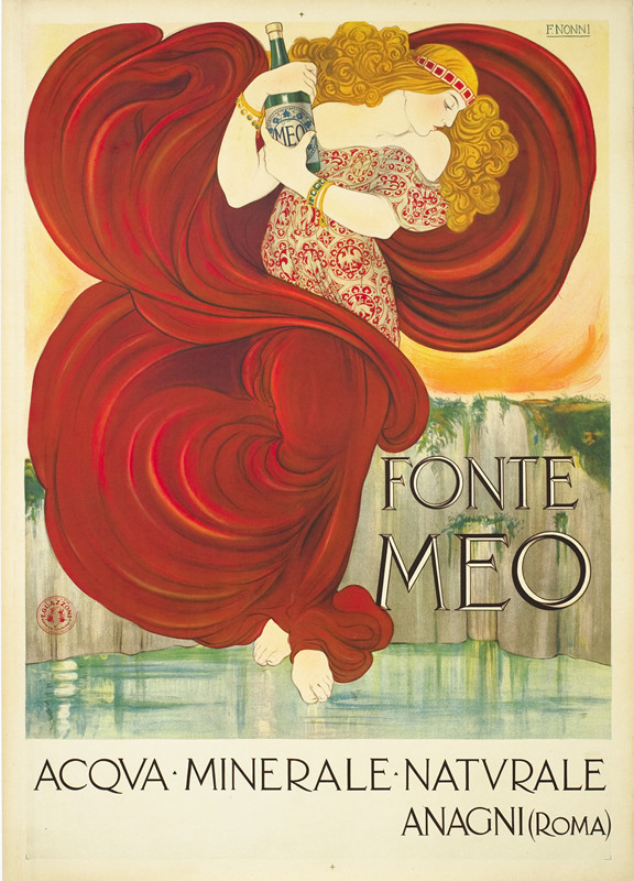 Goddess in swirling robe floats above fountain holding bottle of water; red, green, blue, yellow