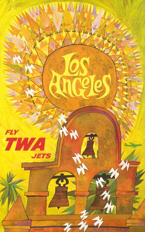 Birds fly and sun shines down on Los Angeles, California mission and bells; orange, yellow, red, green