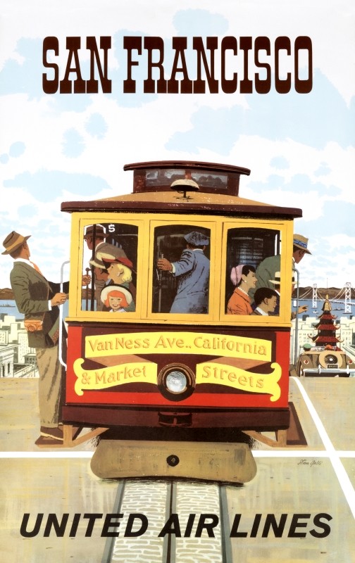 Smiling tourists ride trolley down hill of San Francisco; brown, green, red, yellow