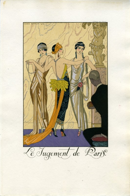 Man holding apple in foreground, three women pose like the classical sculpture; yellow, purple, black, brown, orange