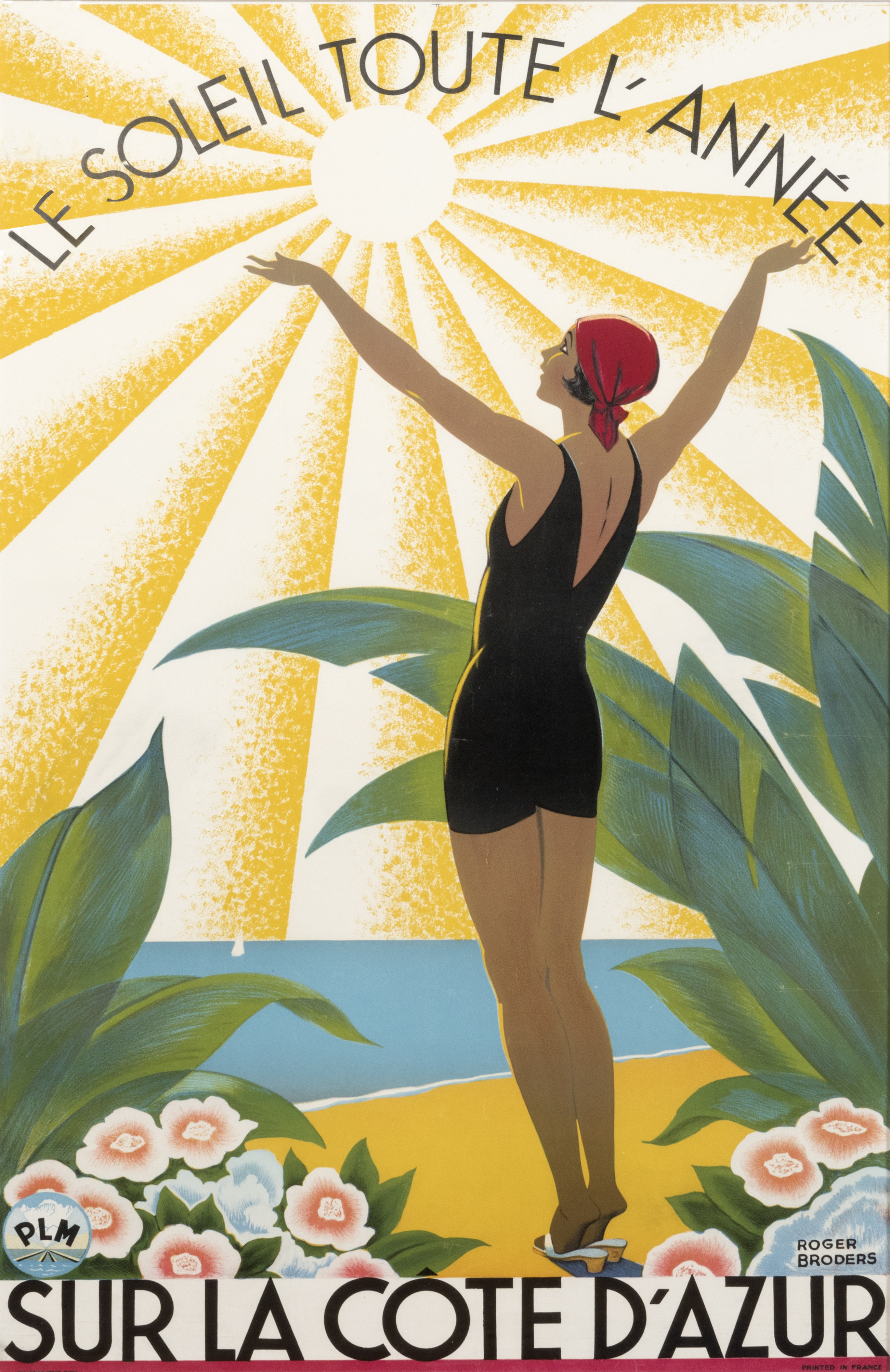 Woman in bathing suit greets the sun on beach; yellow, green, blue, red
