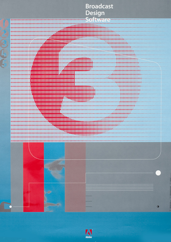 Number "3" in square, man's face, abstract lines and pattern, Adobe logo; blue, red, white, gray