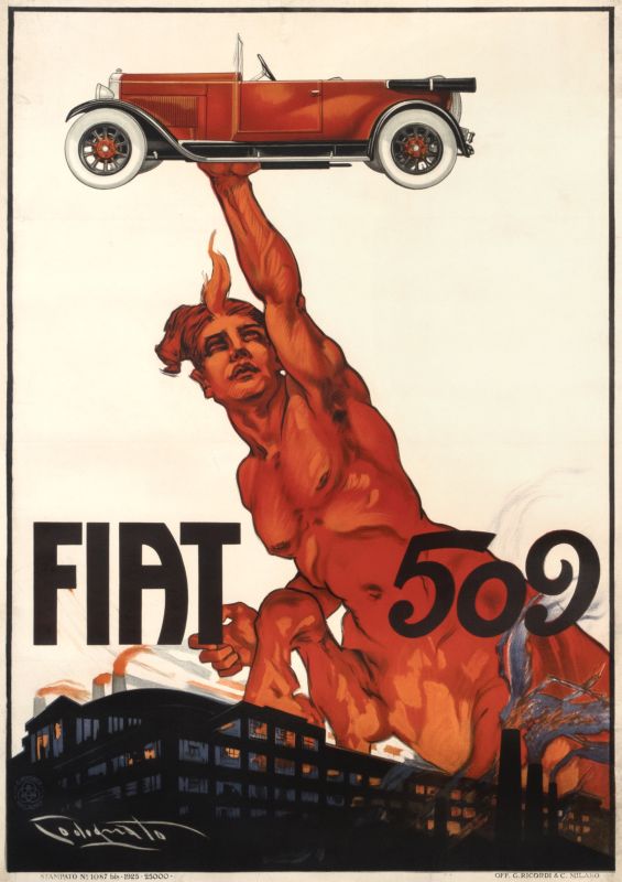 Centaur holds up automobile Fiat 509 with Lingotto factory at bottom; red, black