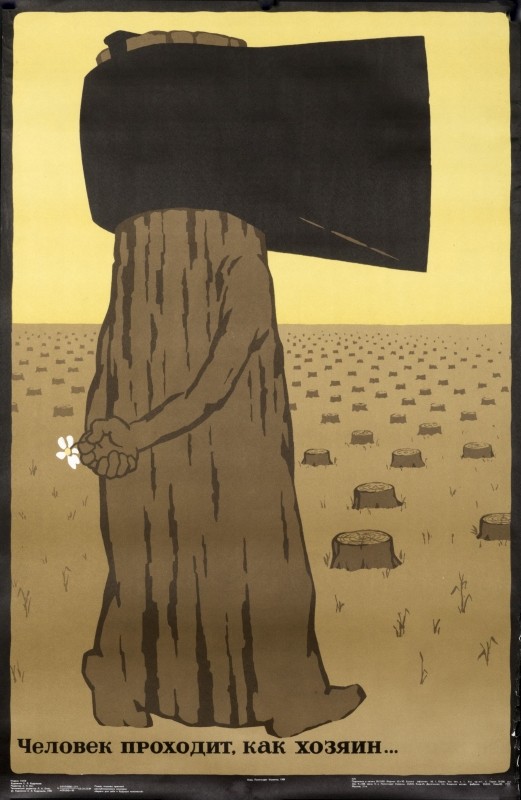 tree stumps, figure of walking ax; brown, yellow