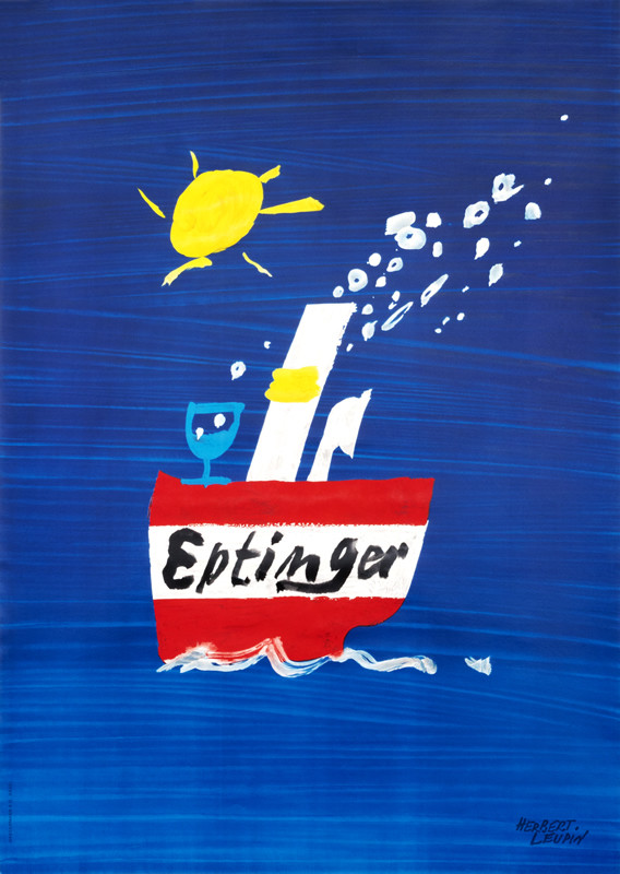 Eptinger label body of boat, bubbling glass on deck, bright sun above; blue, red, yellow, black