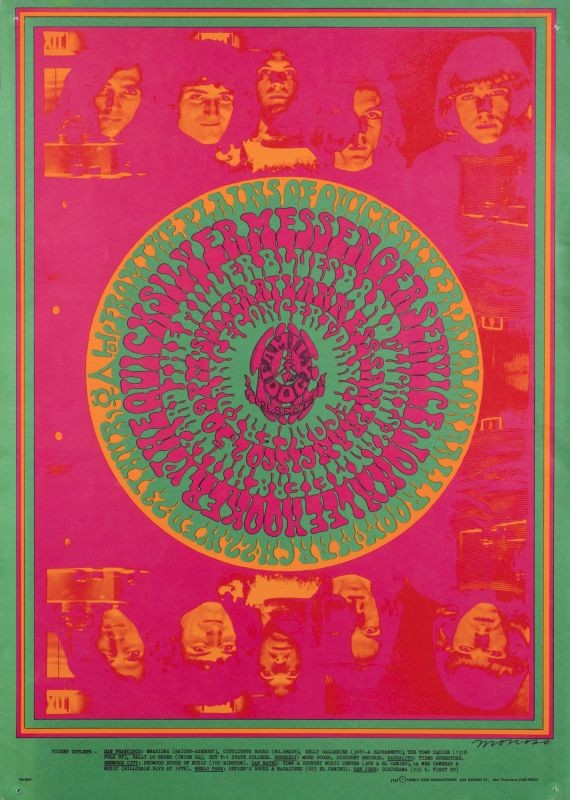 Rowndelle of text, images of band above and below; pink, orange, green, neon